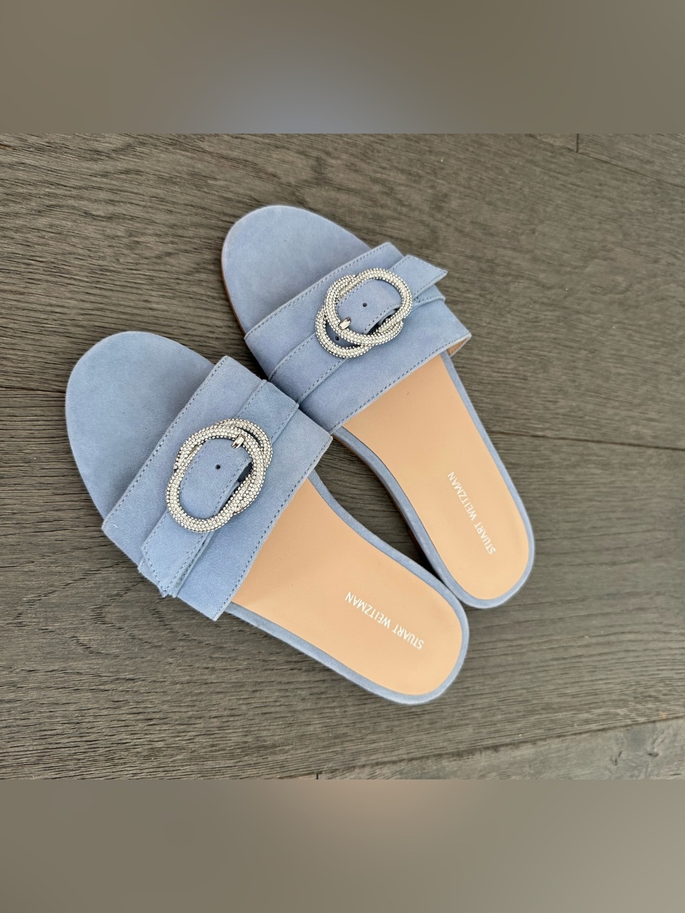 Stuart Weitzman Light Blue Suede Slide Sandals with Crystal Buckle